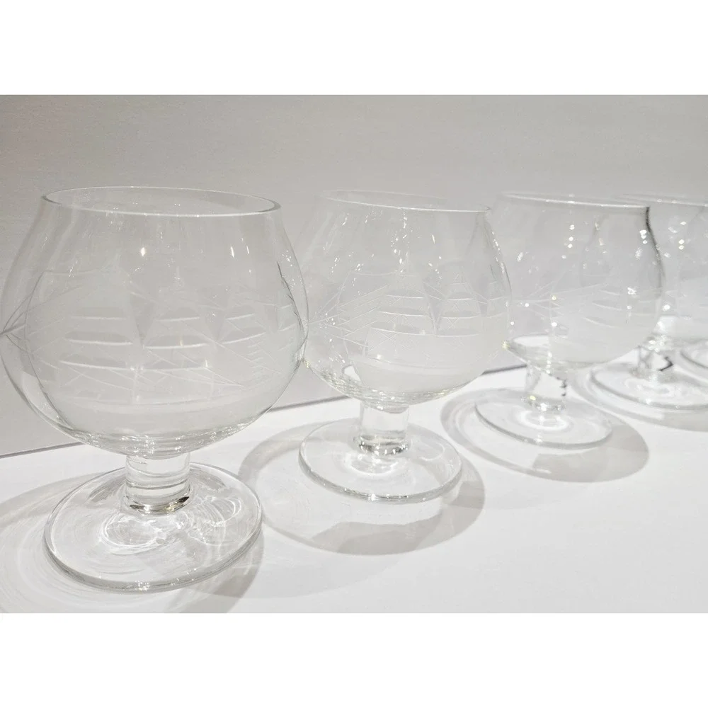 6 Toscany Clipper Schooner Ship Etched Crystal Glass Brandy Snifters